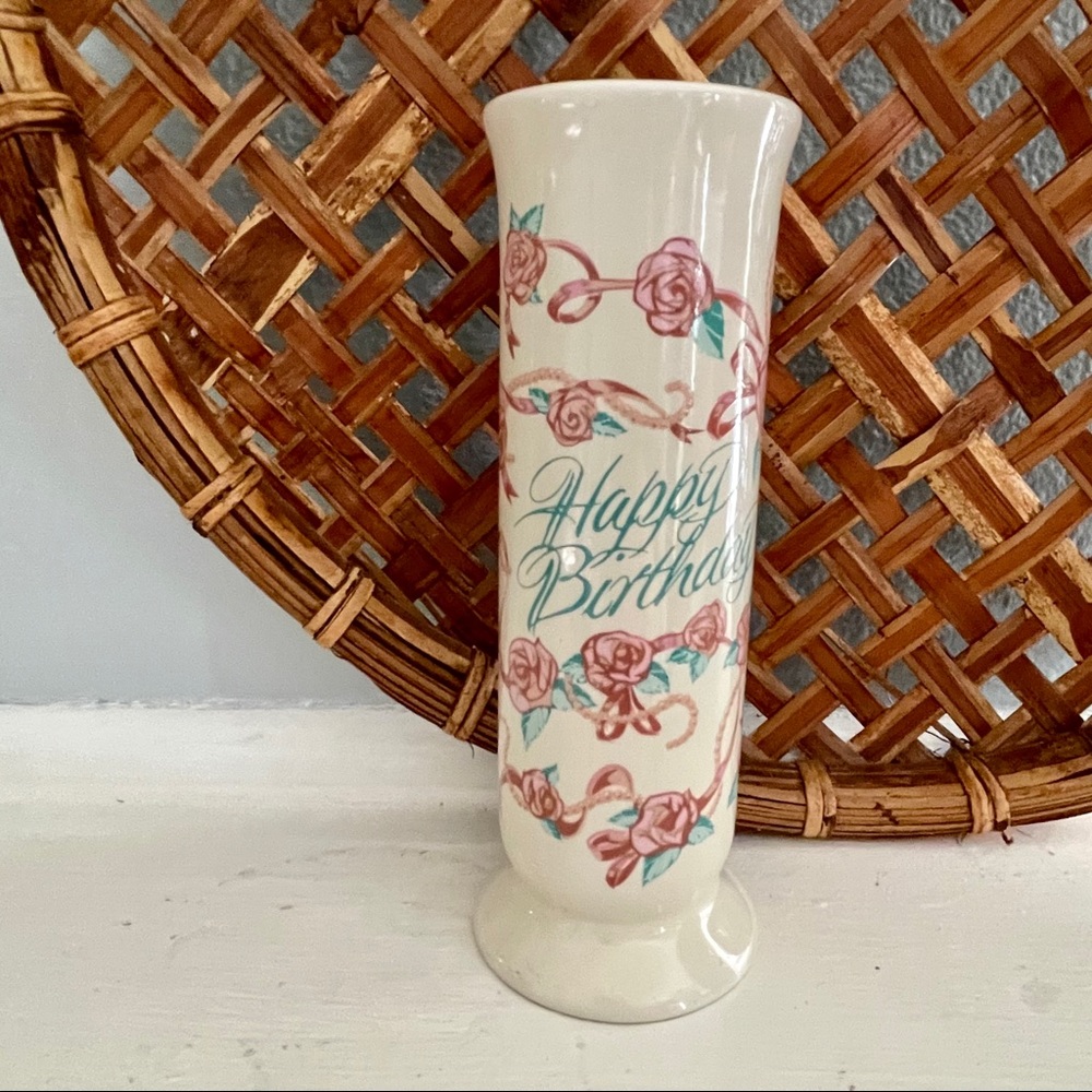 Vintage Happy Birthday Floral Roses Vase!
